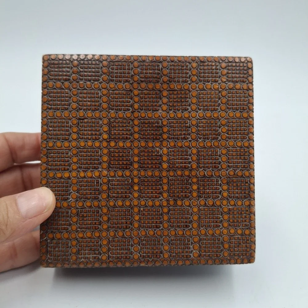 Vintage Hand Carved Wooden Trinket Box Geometric Folk Art Pyrography Square